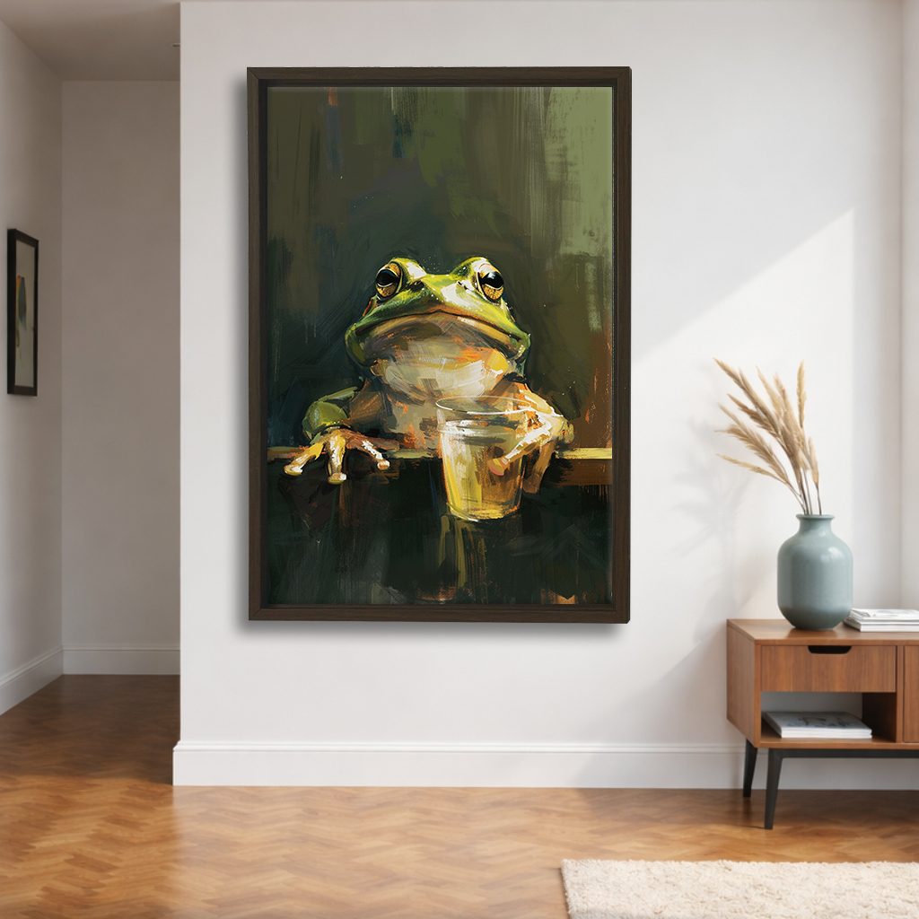 Frog with a Drink canvas wall art, walnut floating frame