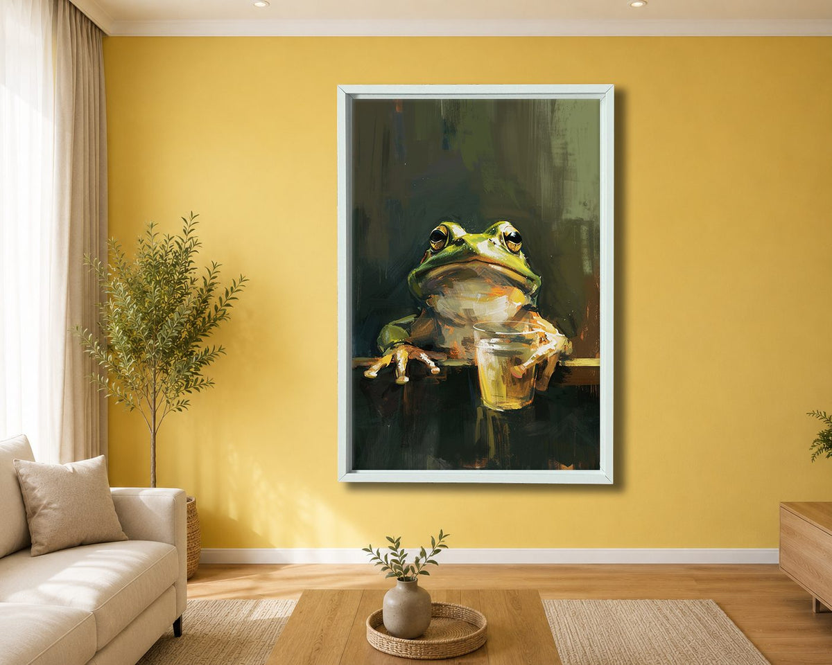 Frog with a Drink canvas wall art, white floating frame