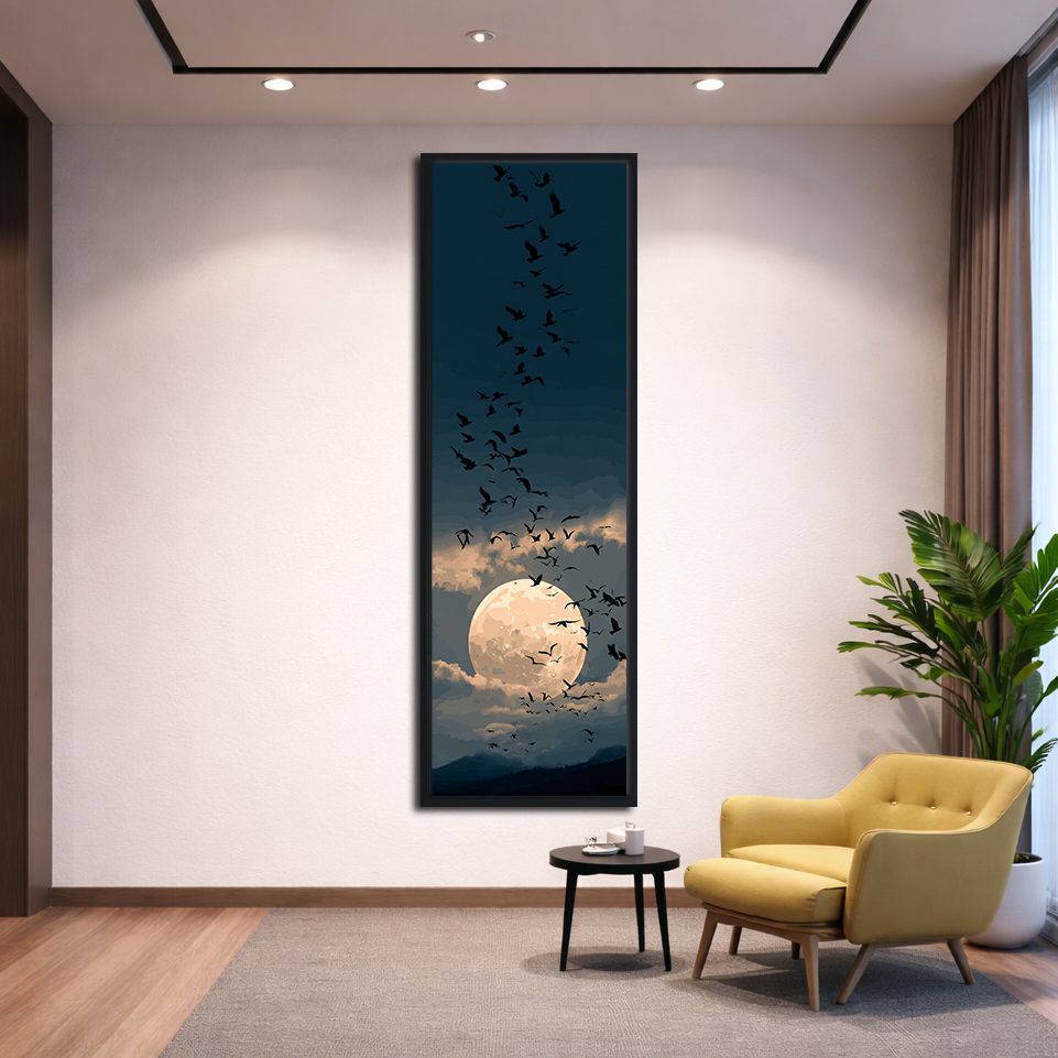 Full Moon and Flying Birds canvas wall art, black floating frame