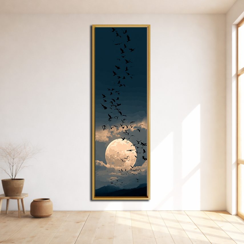 Full Moon and Flying Birds canvas wall art, natural wood floating frame