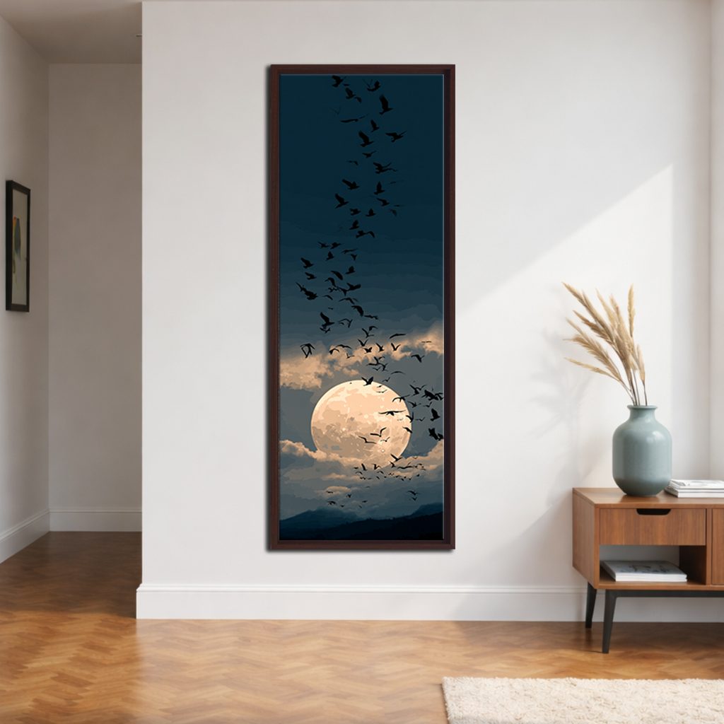 Full Moon and Flying Birds canvas wall art, walnut floating frame