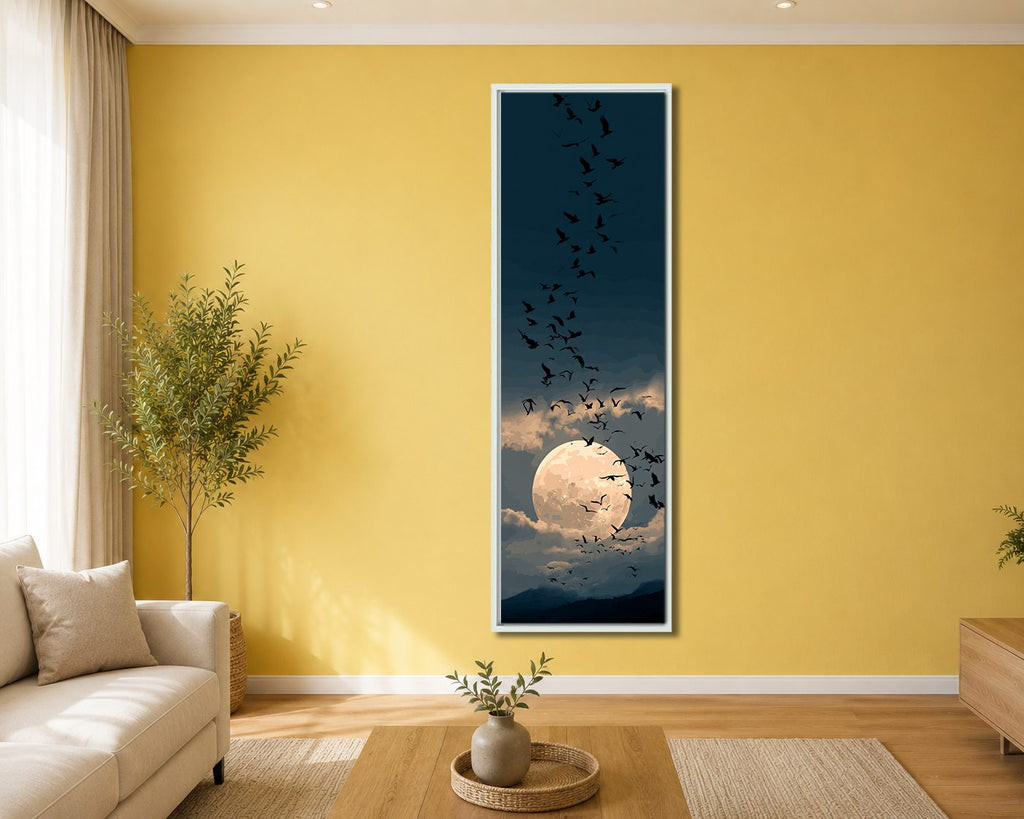 Full Moon and Flying Birds canvas wall art, white floating frame