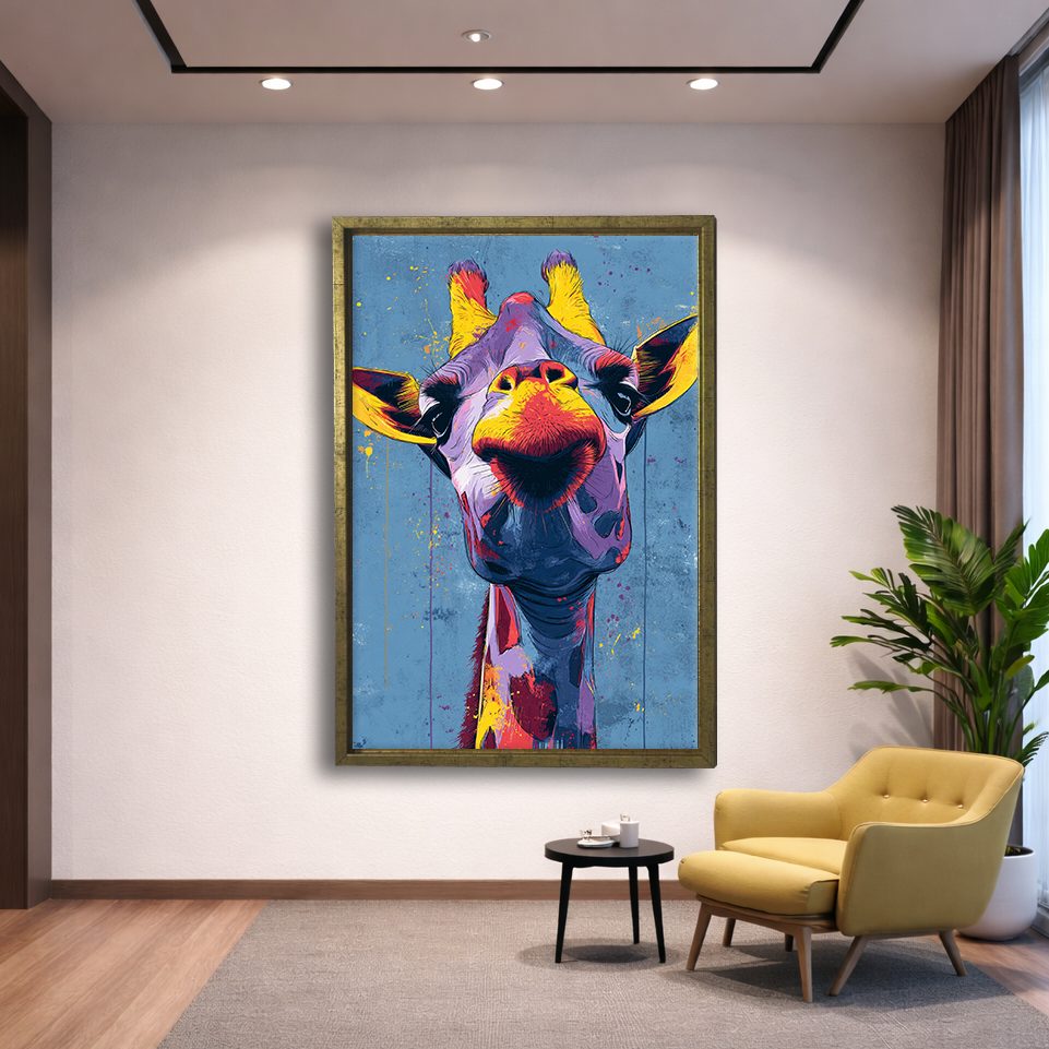 Funny Colorful Giraffe Pop Art canvas wall art, gold floating frame