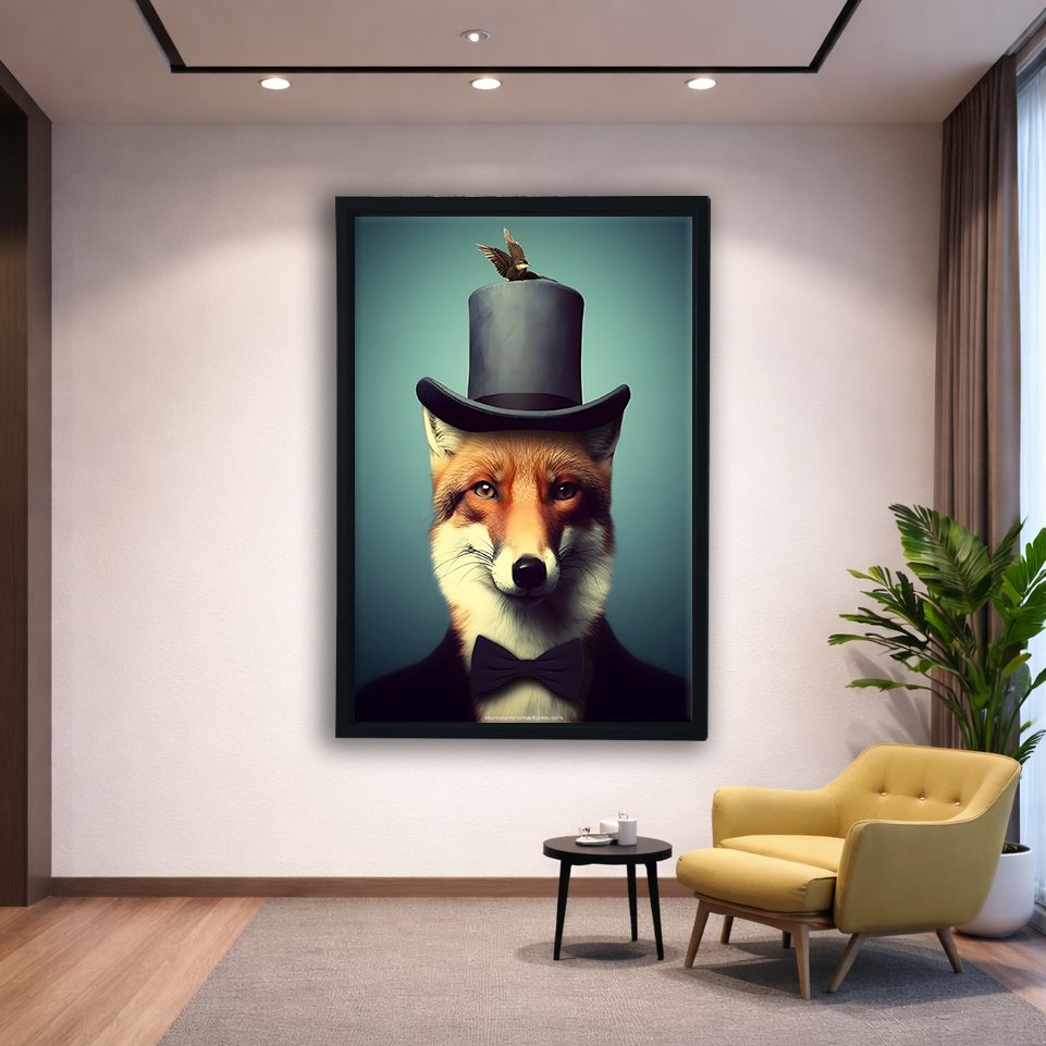 Gentleman Fox with Top Hat canvas wall art, black floating frame