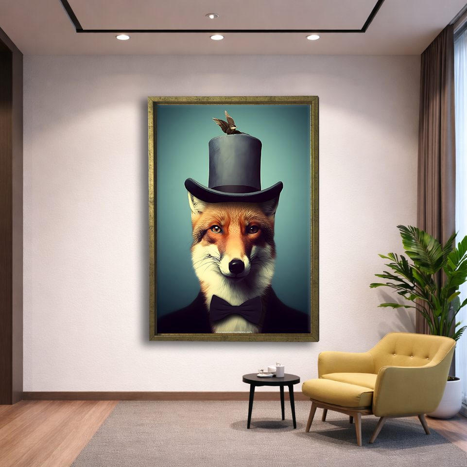 Gentleman Fox with Top Hat canvas wall art, gold floating frame