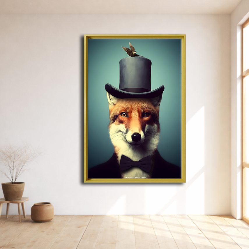 Gentleman Fox with Top Hat canvas wall art, natural wood floating frame