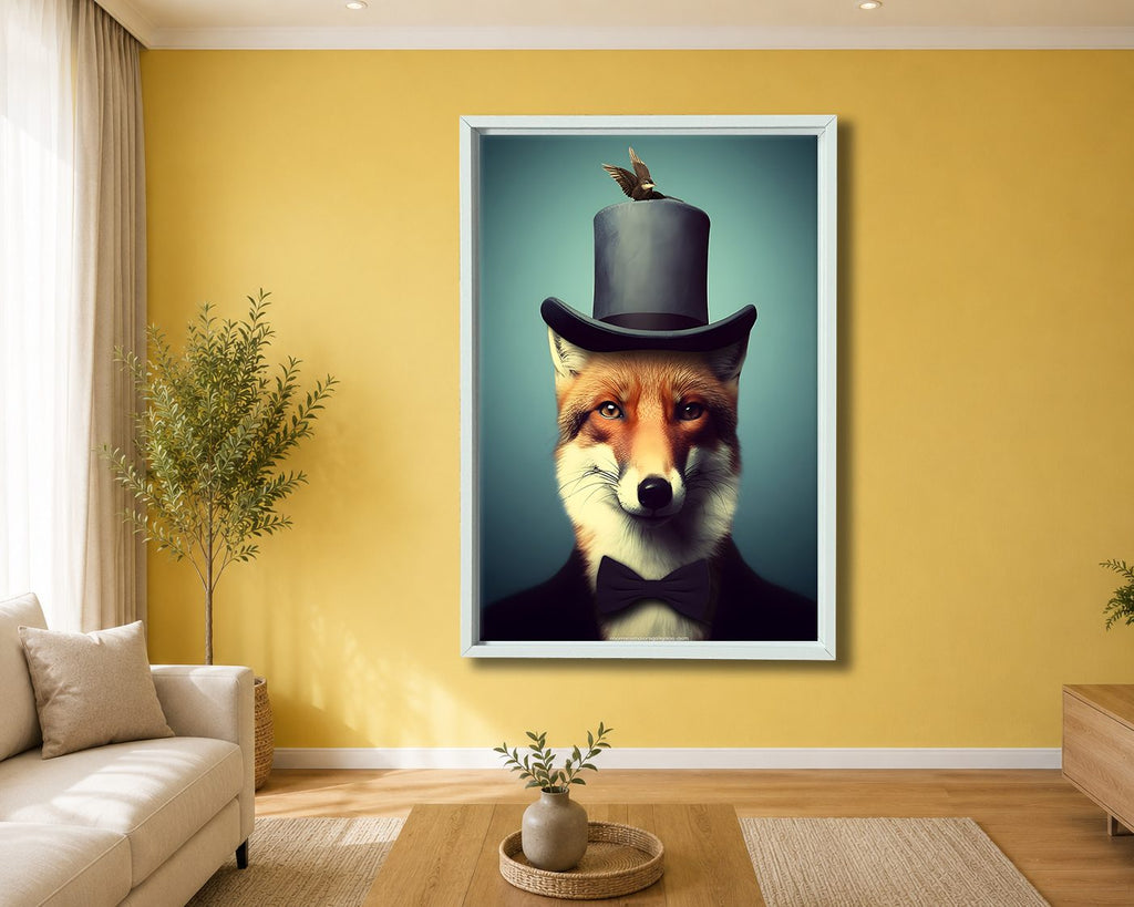 Gentleman Fox with Top Hat canvas wall art, white floating frame