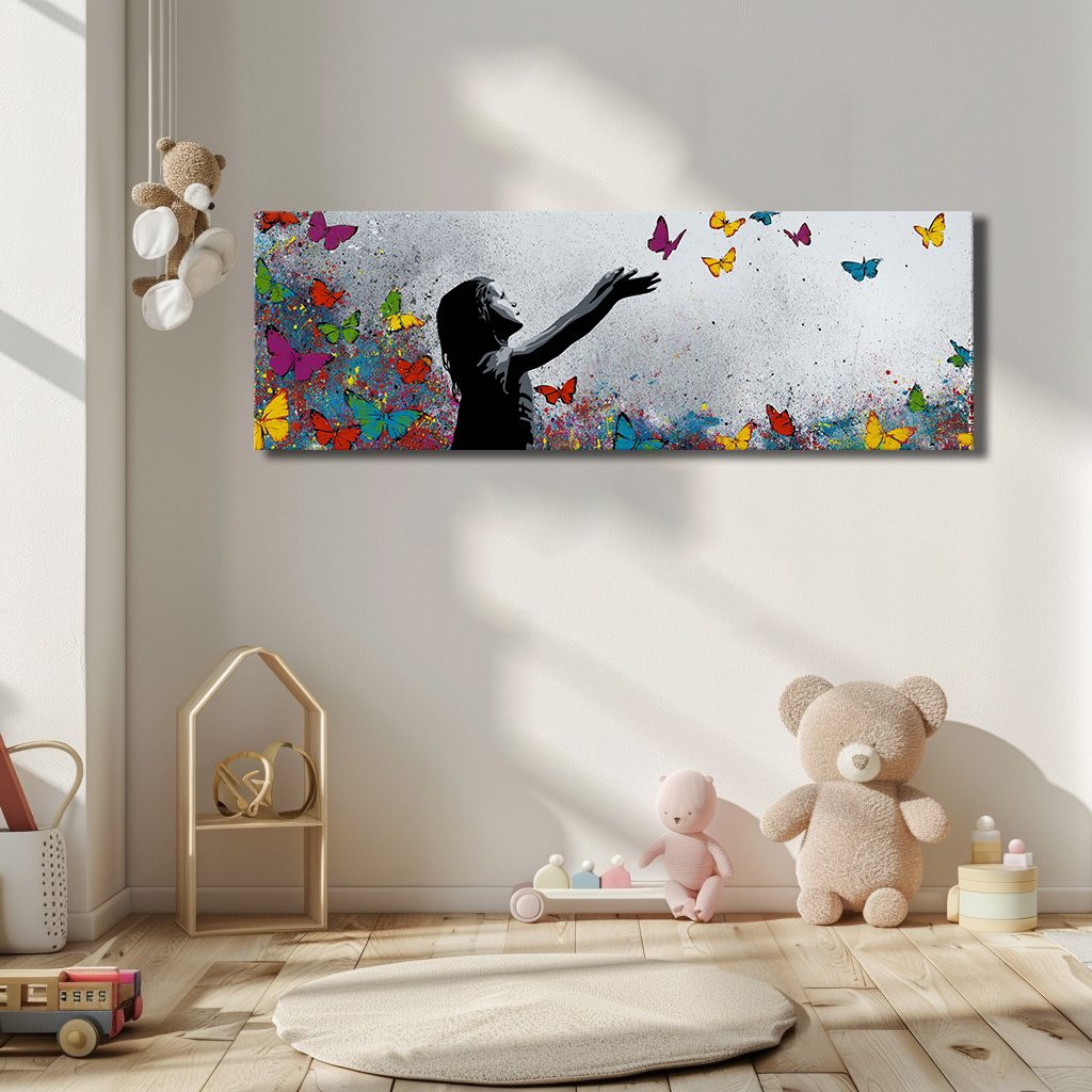 Girl Releasing Colorful Butterflies canvas wall art, unframed canvas
