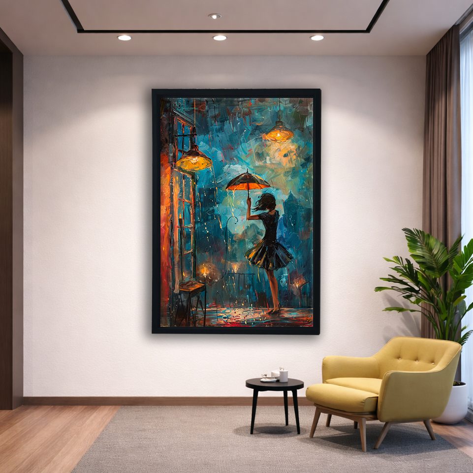 Girl with Umbrella in Rainy Night canvas wall art, black floating frame