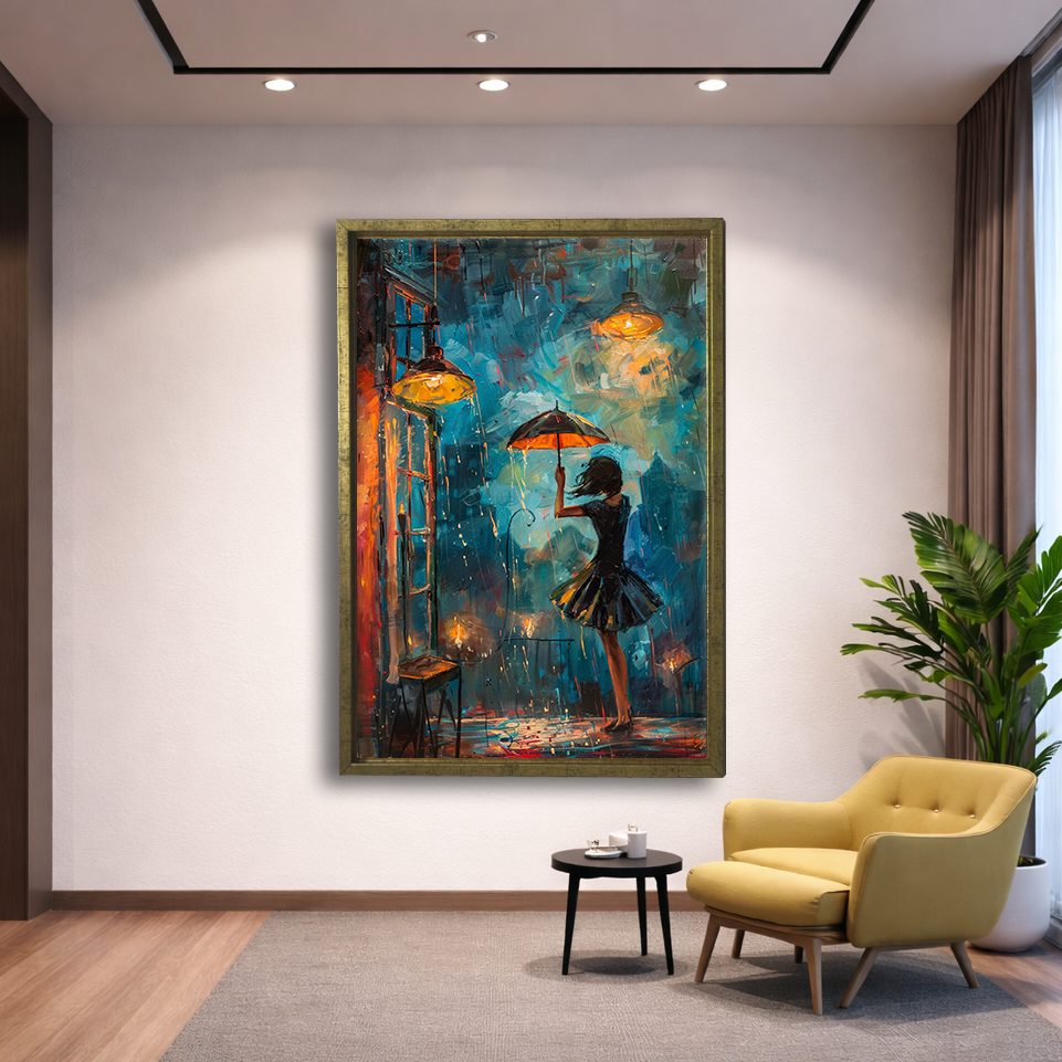 Girl with Umbrella in Rainy Night canvas wall art, gold floating frame
