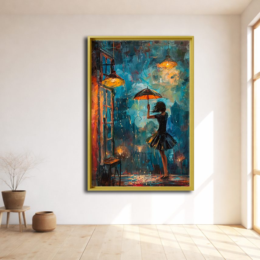 Girl with Umbrella in Rainy Night canvas wall art, natural wood floating frame