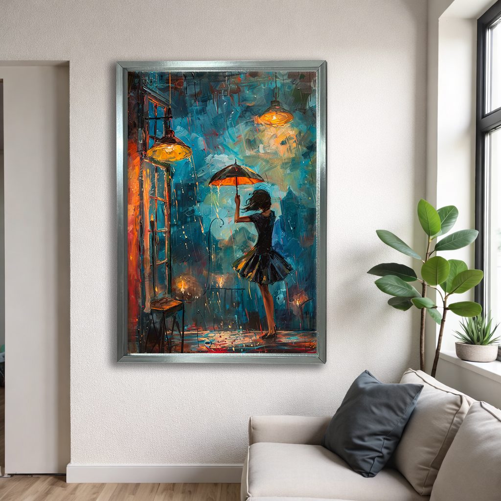Girl with Umbrella in Rainy Night canvas wall art, silver floating frame