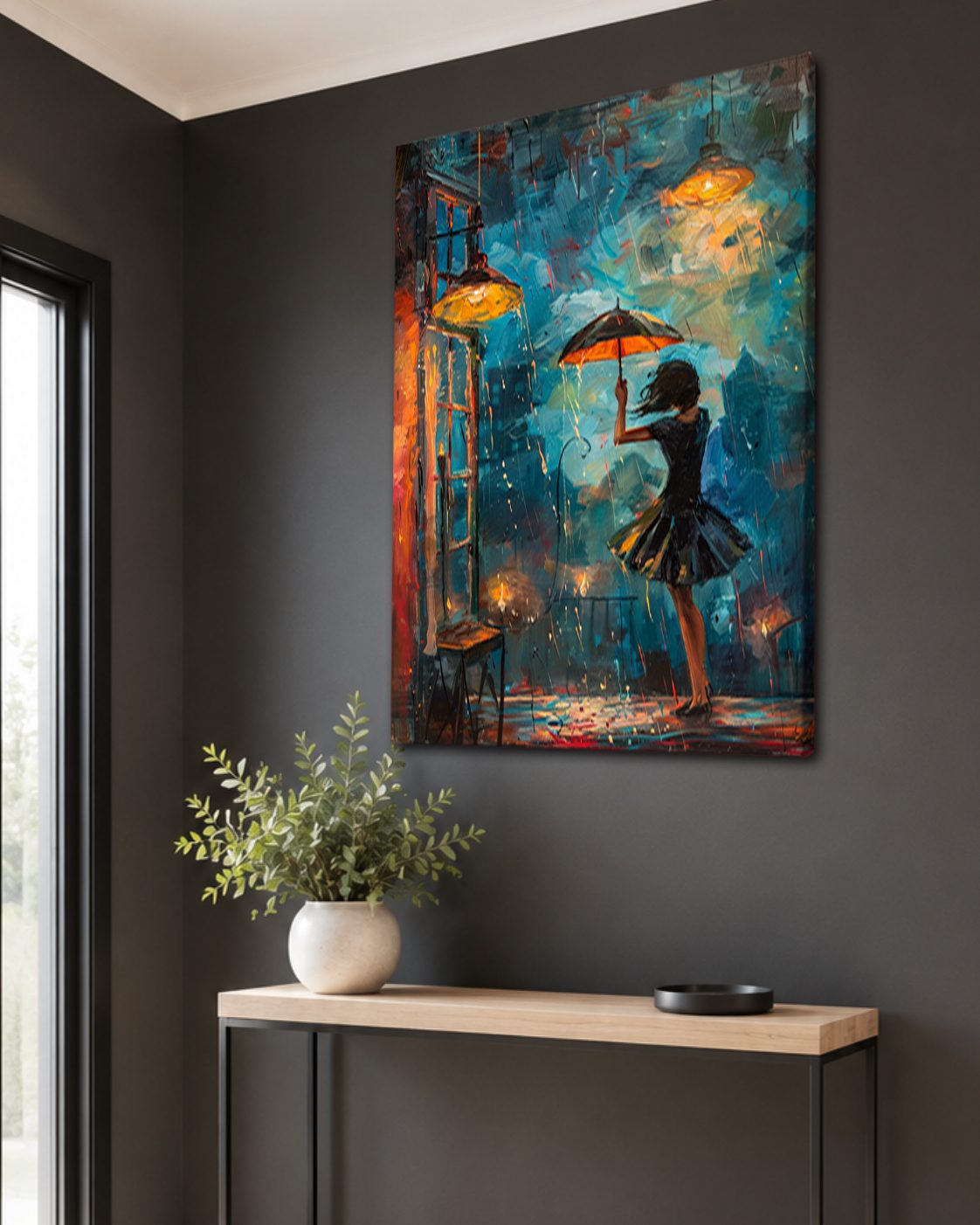 Girl with Umbrella in Rainy Night canvas wall art, unframed canvas