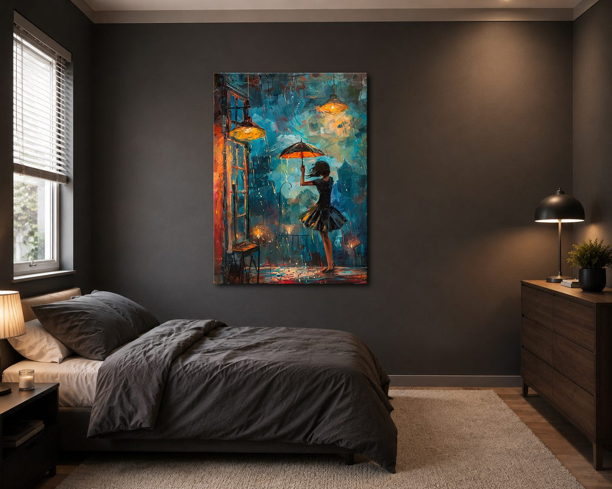 Girl with Umbrella in Rainy Night canvas wall art, unframed canvas