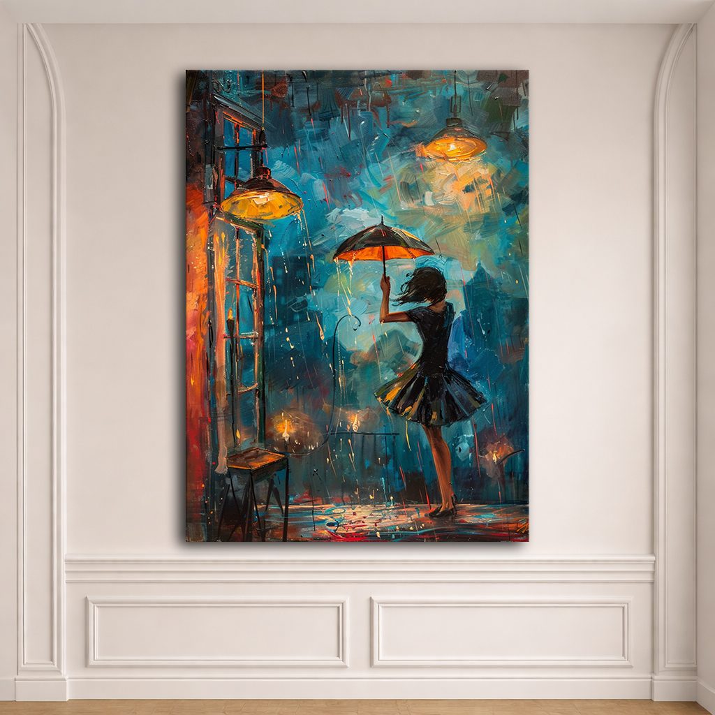 Girl with Umbrella in Rainy Night canvas wall art, unframed canvas