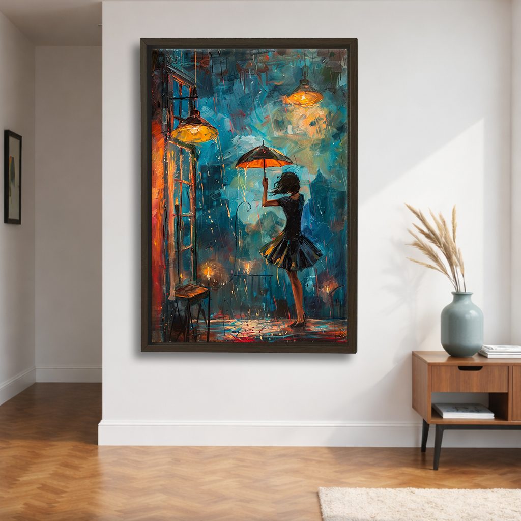 Girl with Umbrella in Rainy Night canvas wall art, walnut floating frame