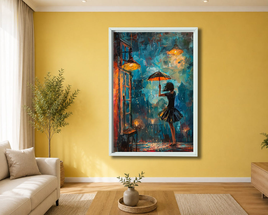 Girl with Umbrella in Rainy Night canvas wall art, white floating frame