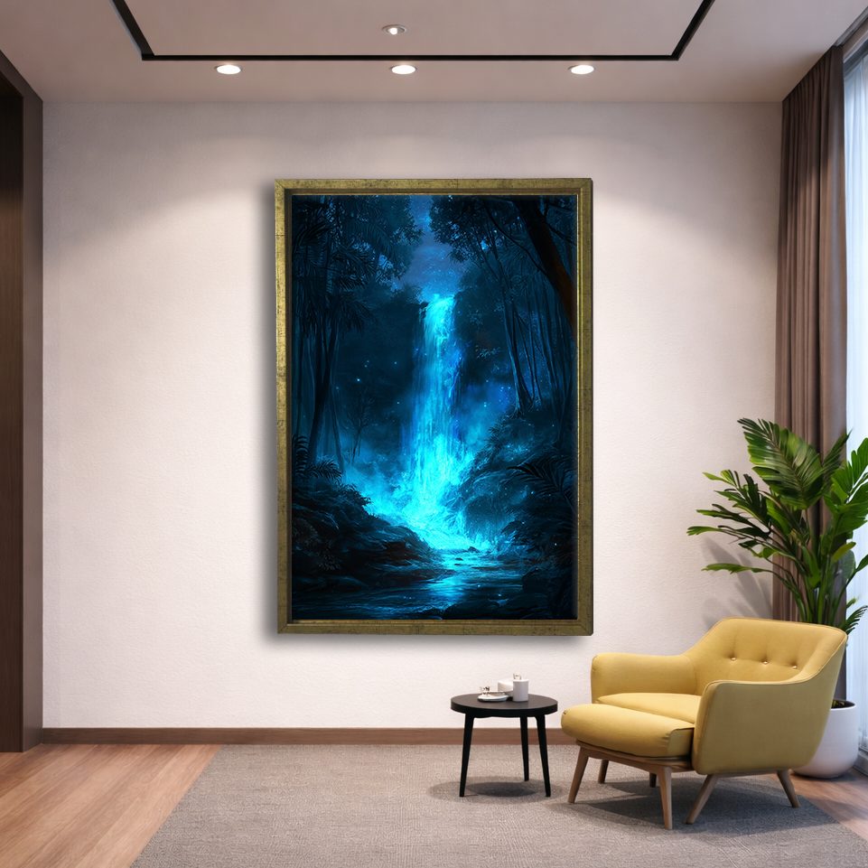 Glowing Blue Forest Waterfall canvas wall art, gold floating frame