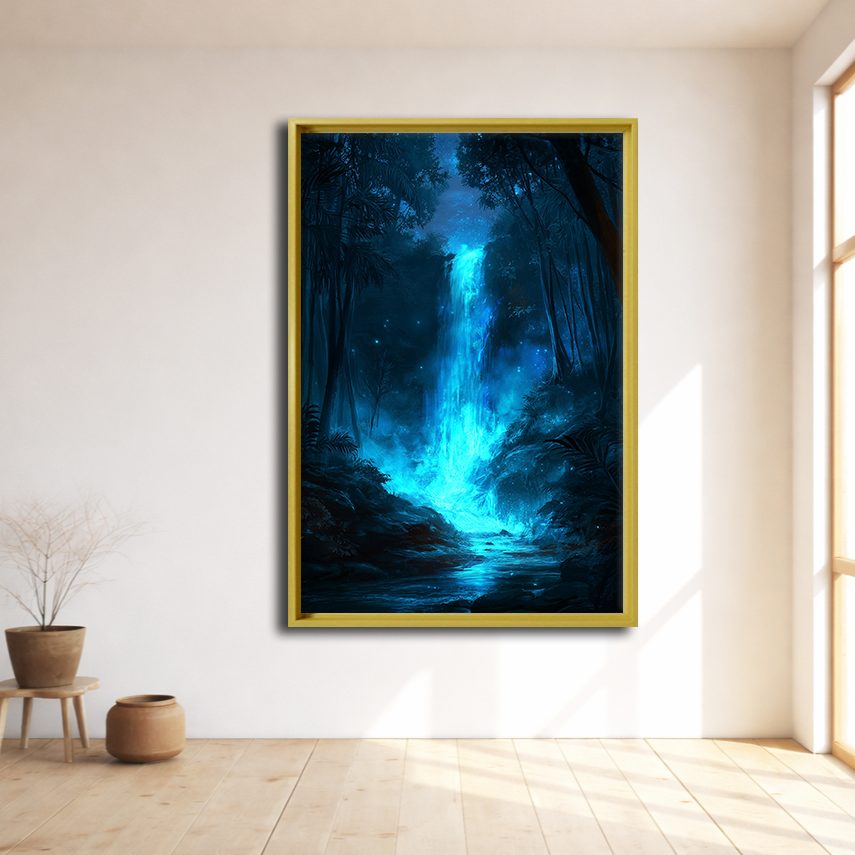 Glowing Blue Forest Waterfall canvas wall art, natural wood floating frame