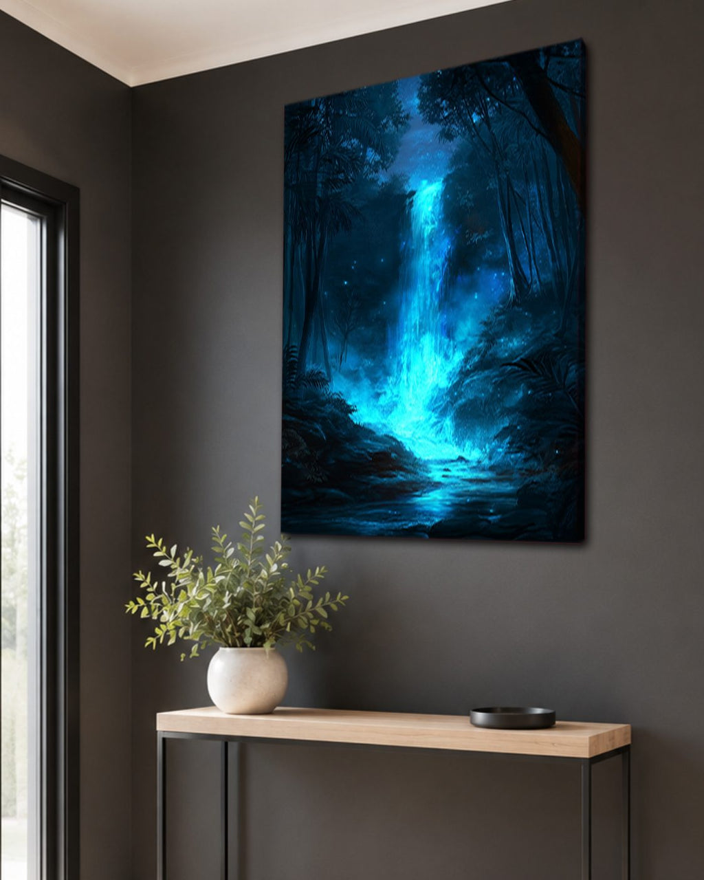 Glowing Blue Forest Waterfall canvas wall art, unframed canvas