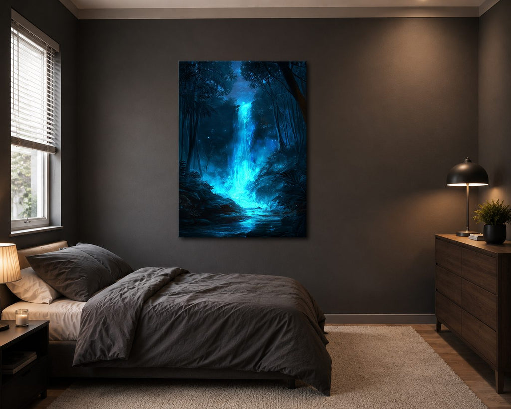 Glowing Blue Forest Waterfall canvas wall art, unframed canvas