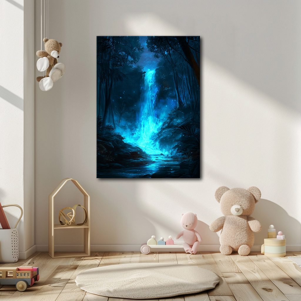 Glowing Blue Forest Waterfall canvas wall art, unframed canvas