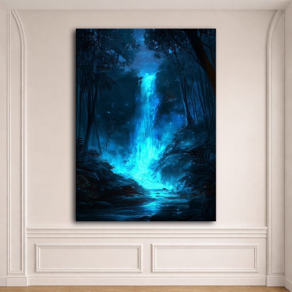Glowing Blue Forest Waterfall canvas wall art, unframed canvas