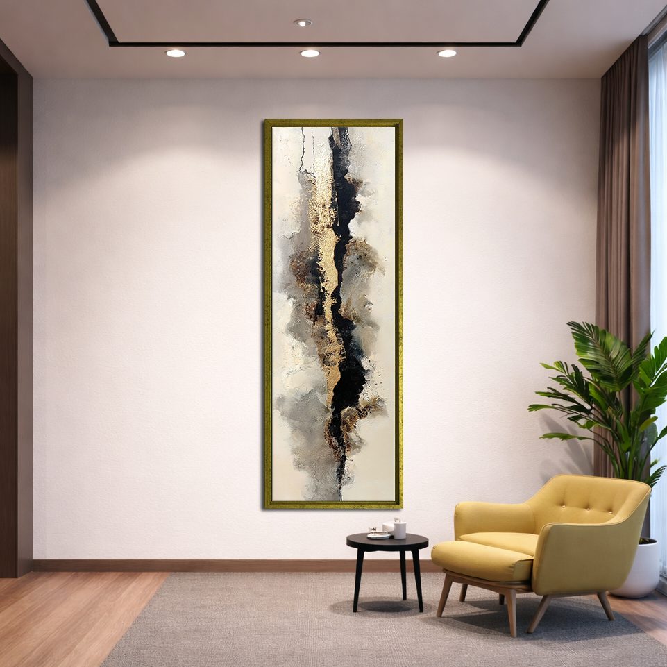 Gold and Black Neutral Abstract canvas wall art, gold floating frame