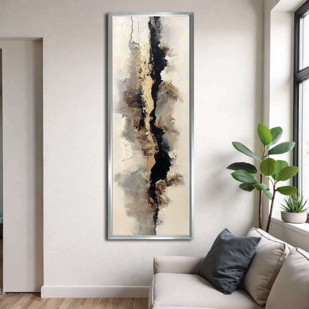Gold and Black Neutral Abstract canvas wall art, silver floating frame