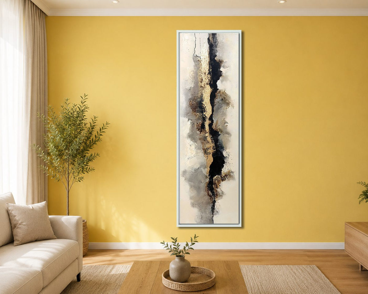 Gold and Black Neutral Abstract canvas wall art, white floating frame