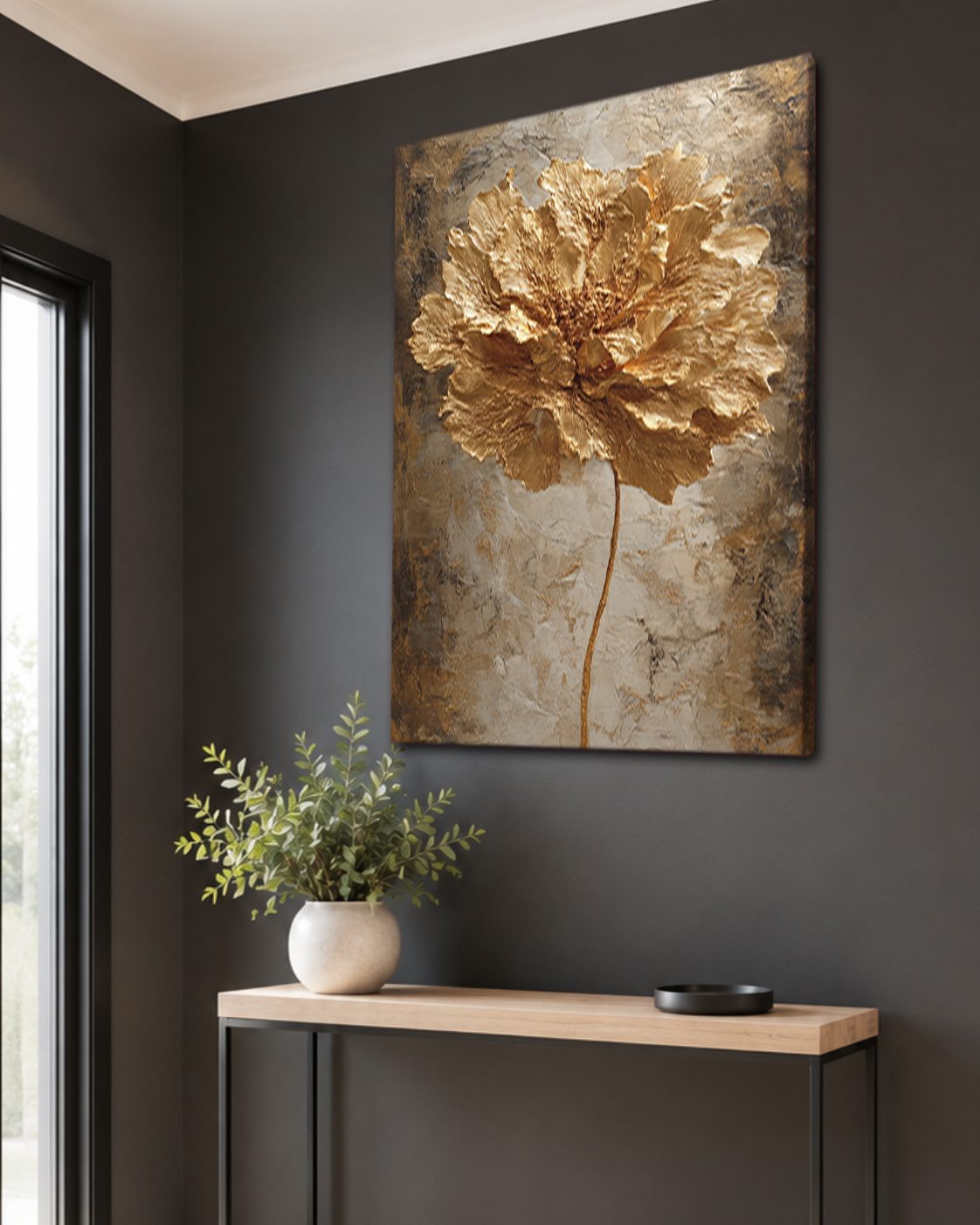 Gold Peony Flower Textured canvas wall art, unframed canvas