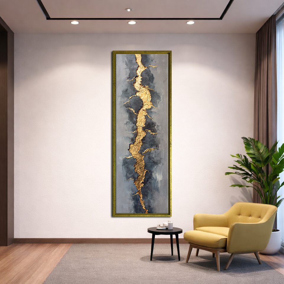 Gold Vein Kintsugi Abstract canvas wall art, gold floating frame
