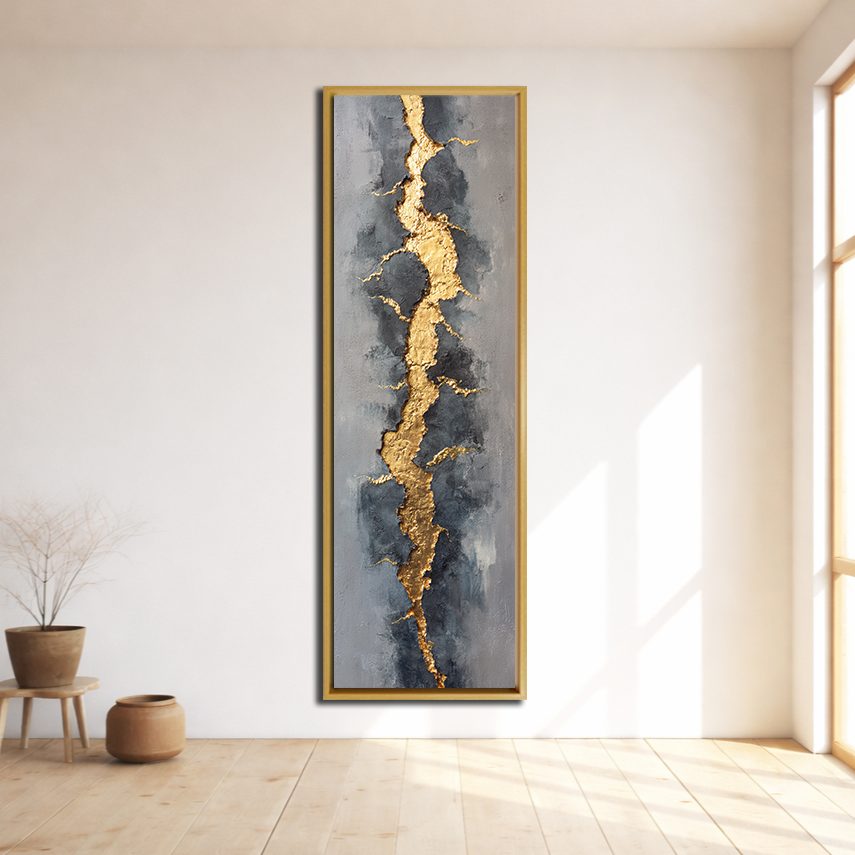 Gold Vein Kintsugi Abstract canvas wall art, natural wood floating frame