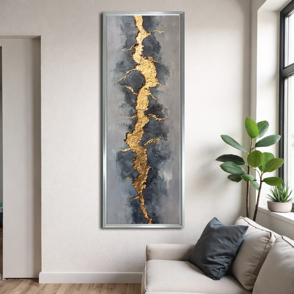 Gold Vein Kintsugi Abstract canvas wall art, silver floating frame