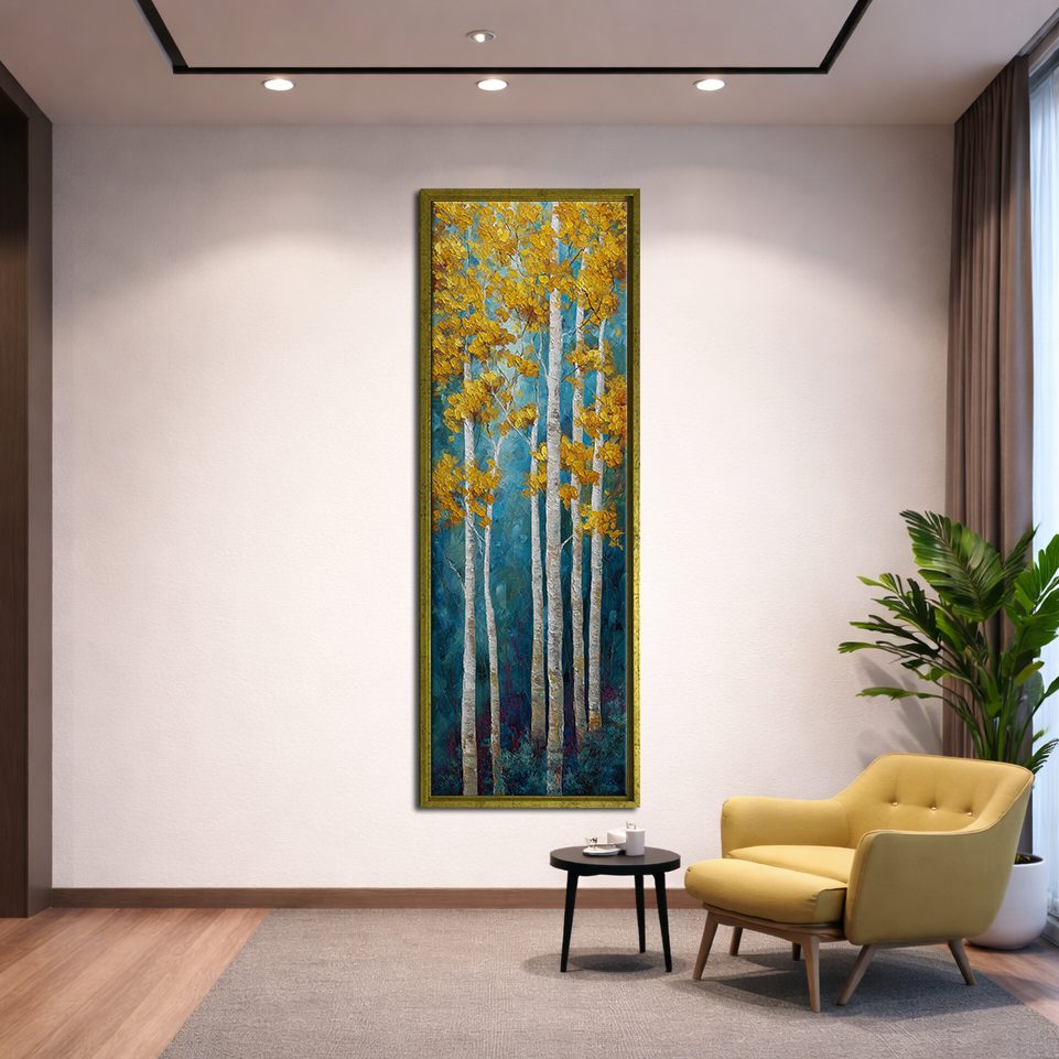 Golden Aspen Birch Trees canvas wall art, gold floating frame