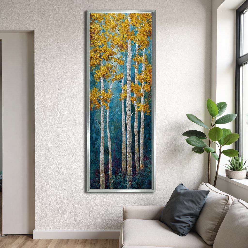 Golden Aspen Birch Trees canvas wall art, silver floating frame