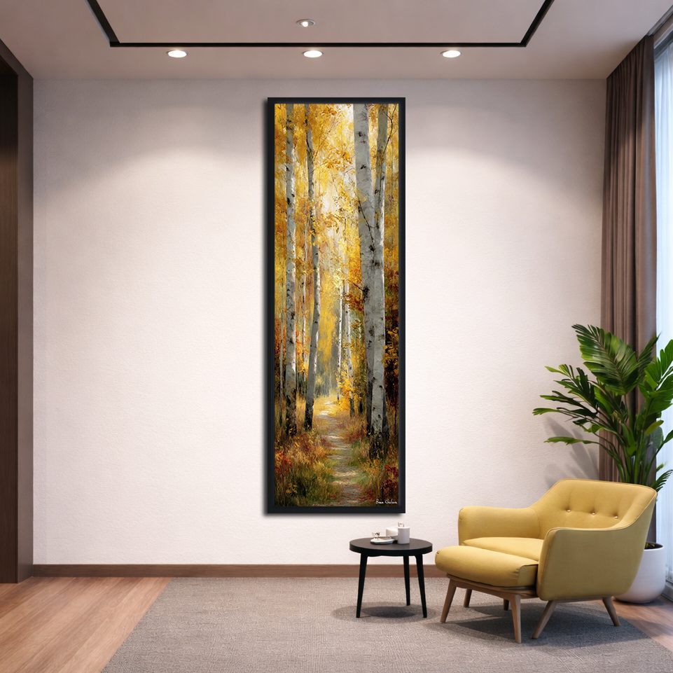Golden Autumn Birch Path canvas wall art, black floating frame