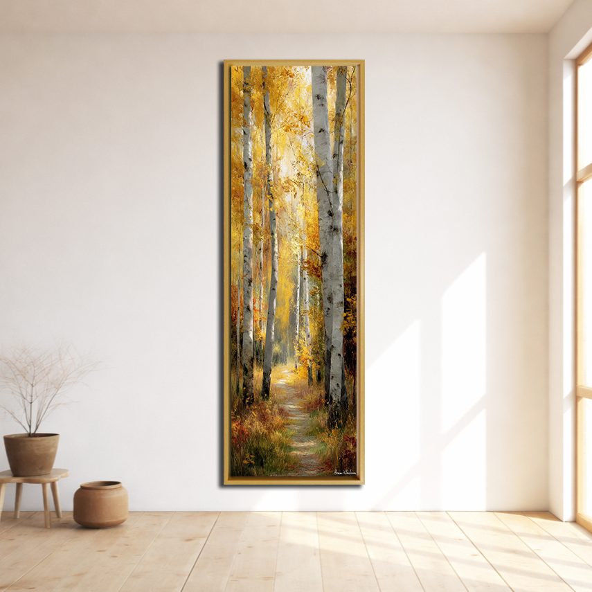 Golden Autumn Birch Path canvas wall art, natural wood floating frame