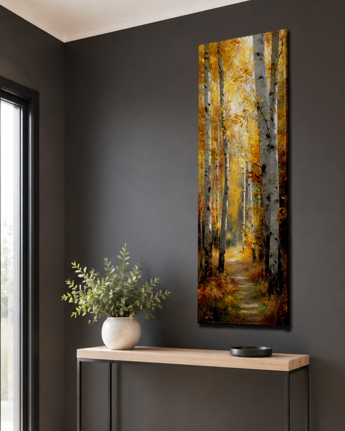Golden Autumn Birch Path canvas wall art, unframed canvas