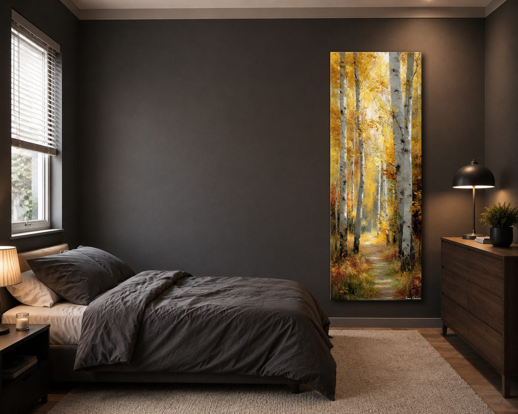 Golden Autumn Birch Path canvas wall art, unframed canvas