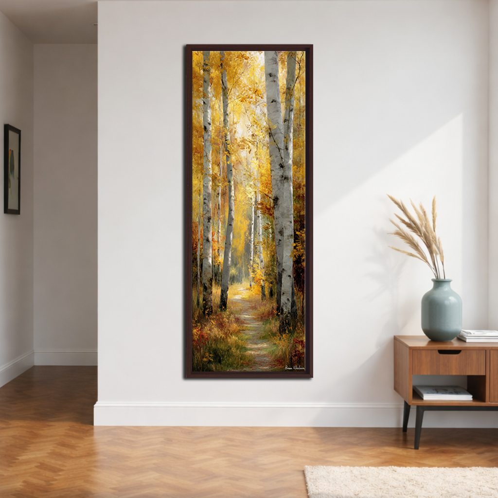 Golden Autumn Birch Path canvas wall art, walnut floating frame