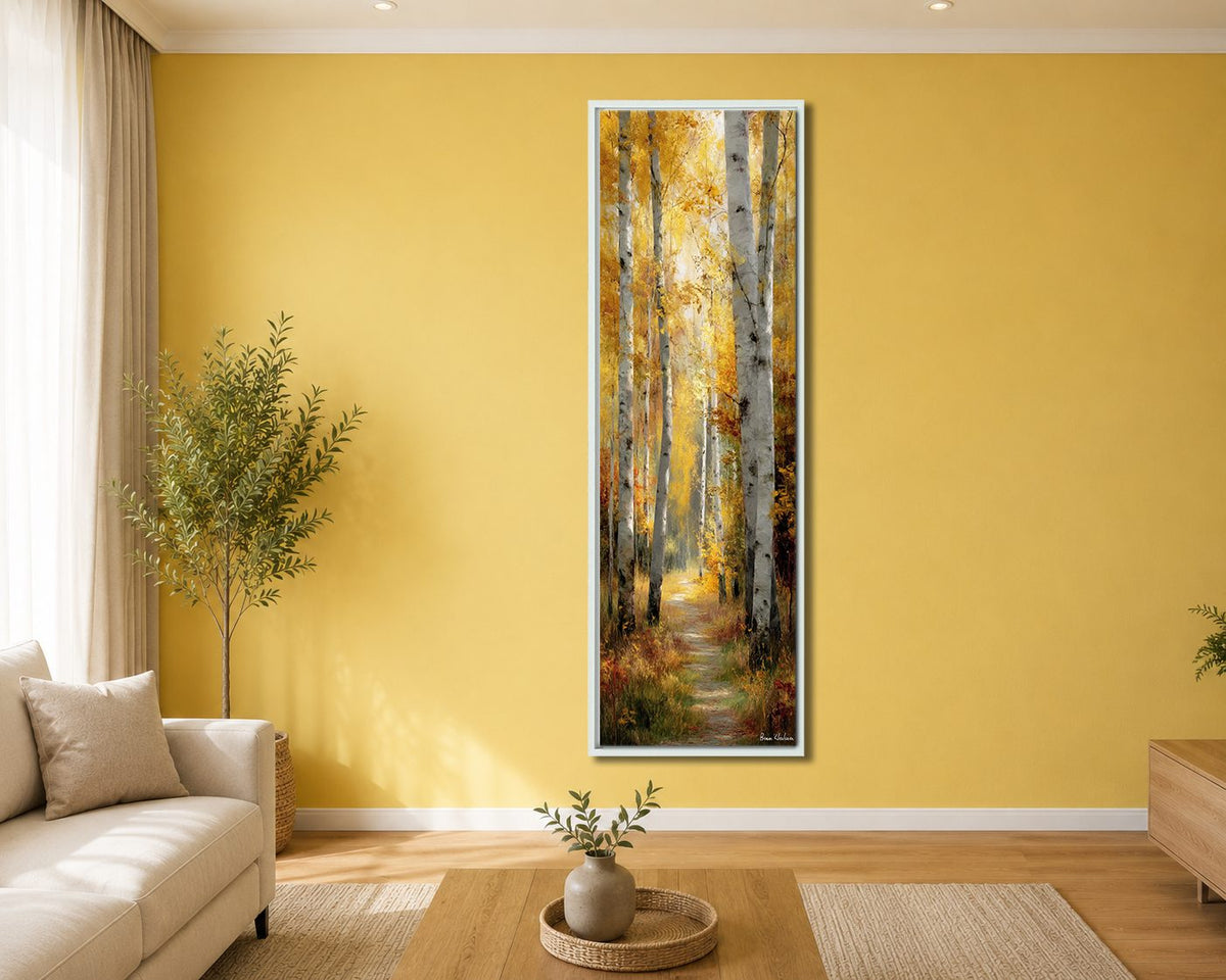 Golden Autumn Birch Path canvas wall art, white floating frame