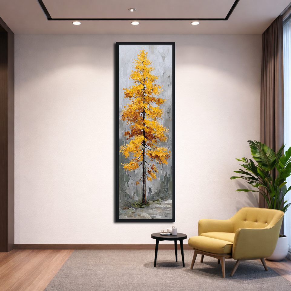 Golden Autumn Tree on Gray canvas wall art, black floating frame