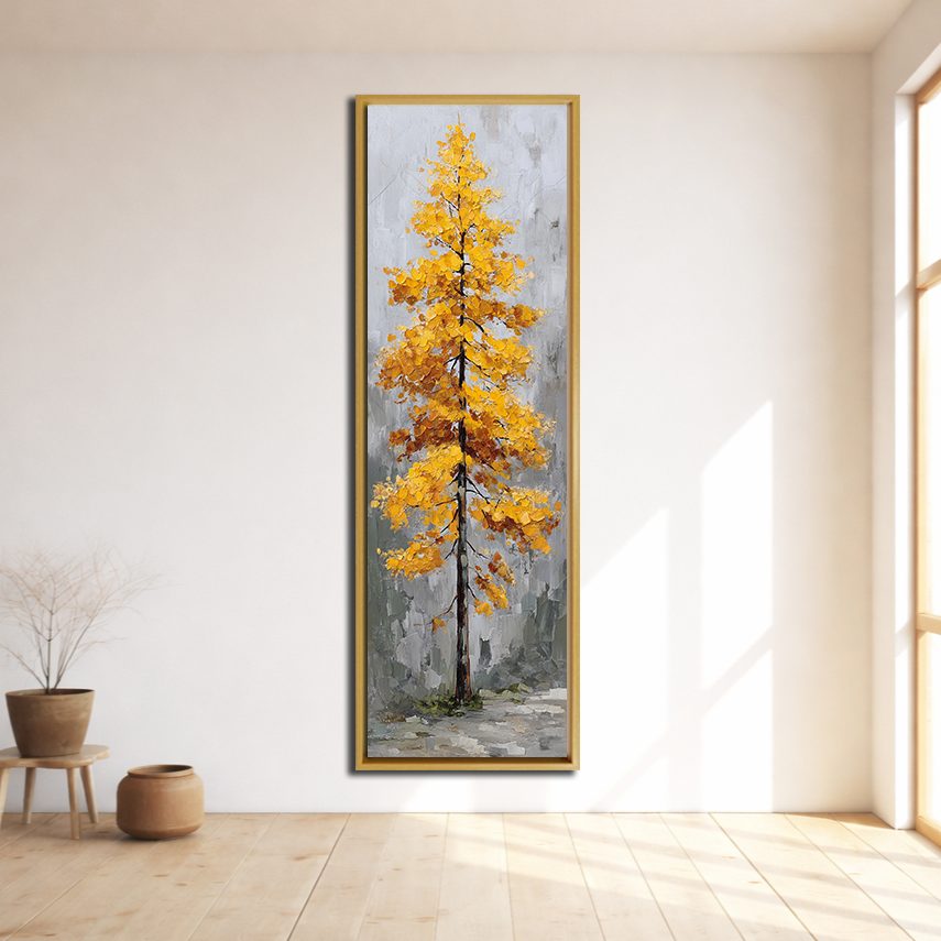 Golden Autumn Tree on Gray canvas wall art, natural wood floating frame