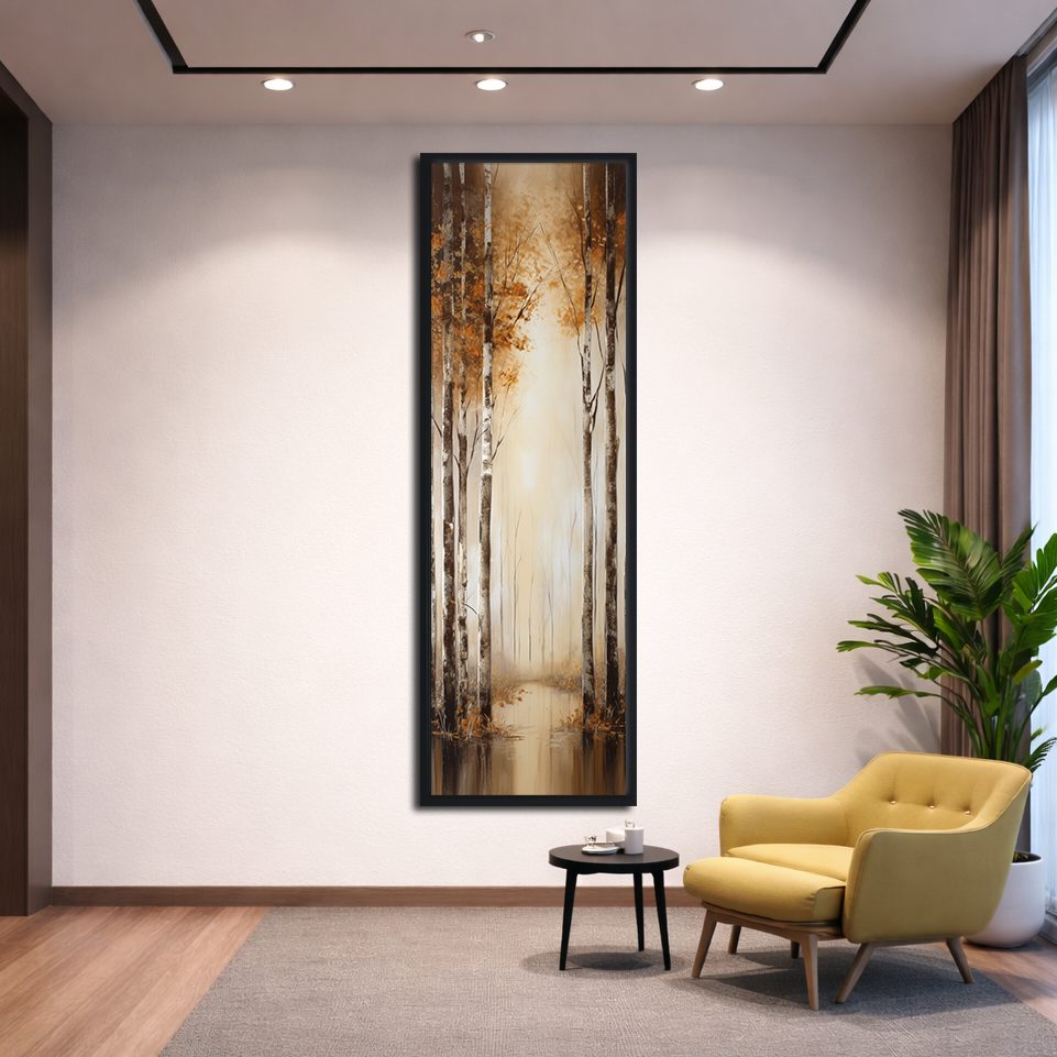 Golden Birch Forest Lake Reflection canvas wall art, black floating frame