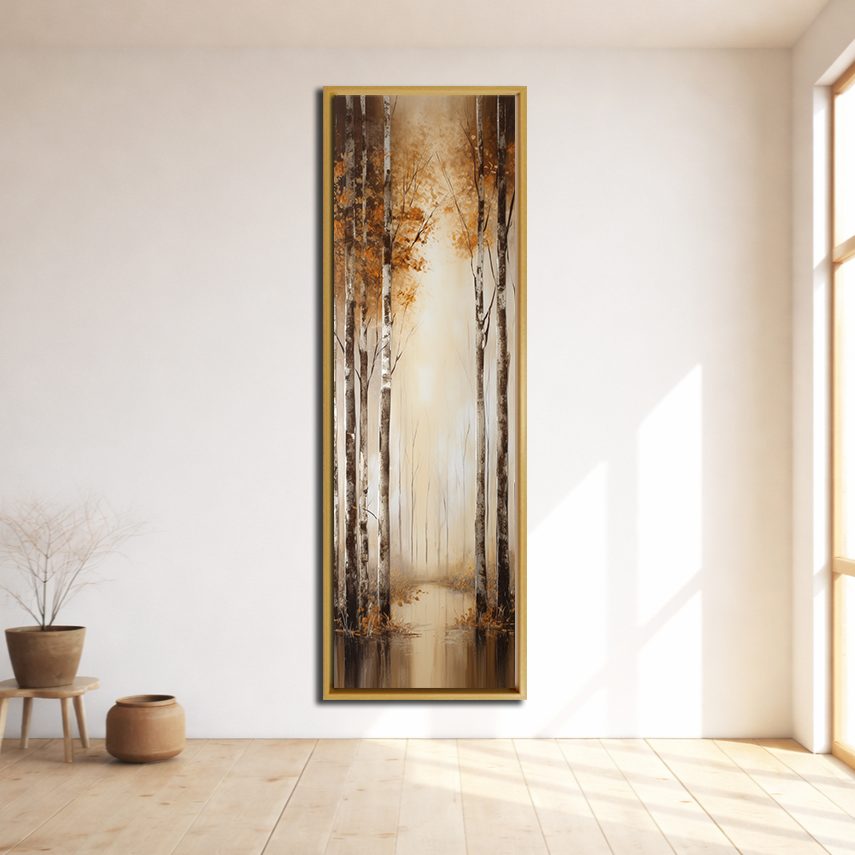Golden Birch Forest Lake Reflection canvas wall art, natural wood floating frame