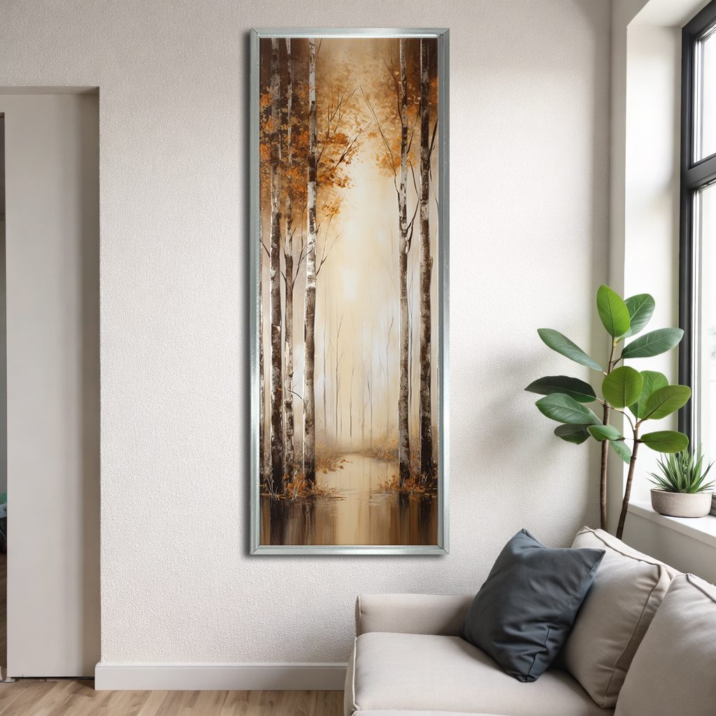 Golden Birch Forest Lake Reflection canvas wall art, silver floating frame