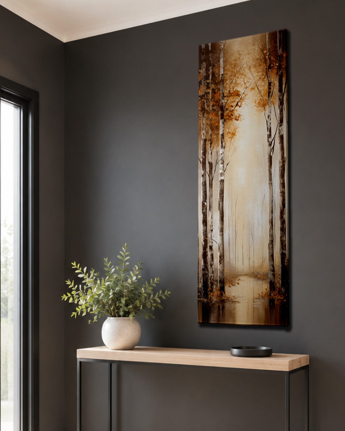 Golden Birch Forest Lake Reflection canvas wall art, unframed canvas