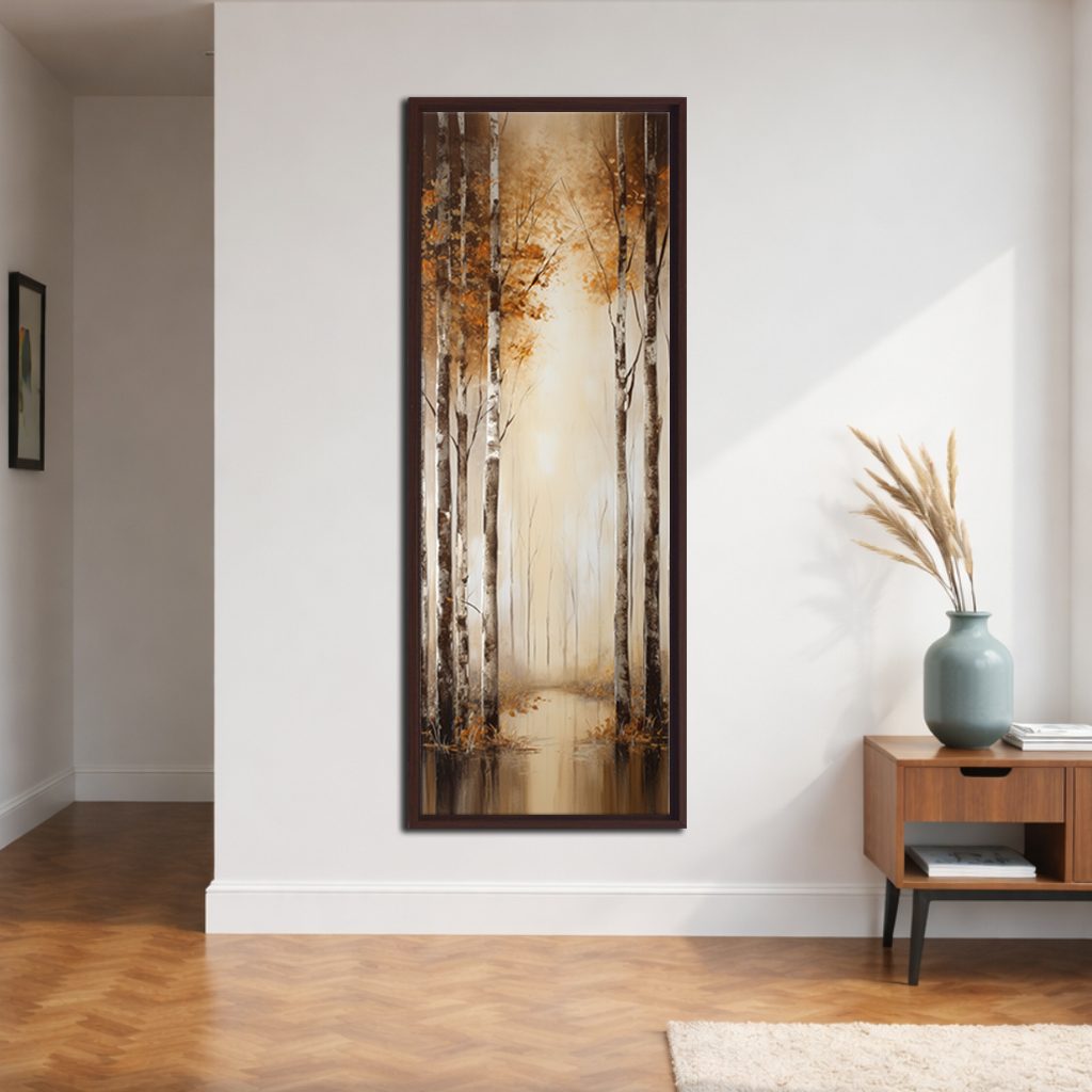 Golden Birch Forest Lake Reflection canvas wall art, walnut floating frame