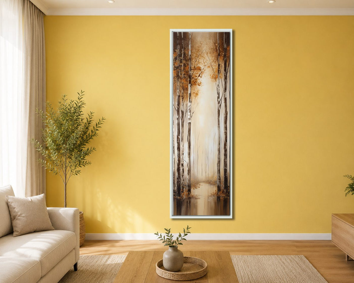 Golden Birch Forest Lake Reflection canvas wall art, white floating frame